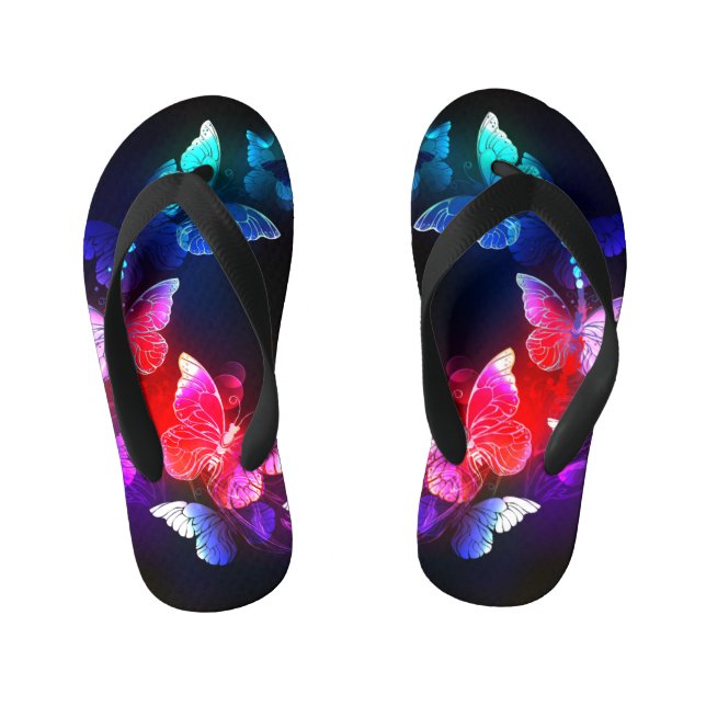 Glowing Neon Night Butterflies on Black background Kid's Flip Flops (Footbed)