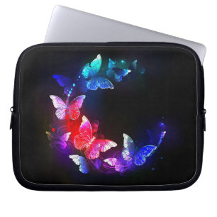 Glowing Neon Night Butterflies on Black background Laptop Sleeve