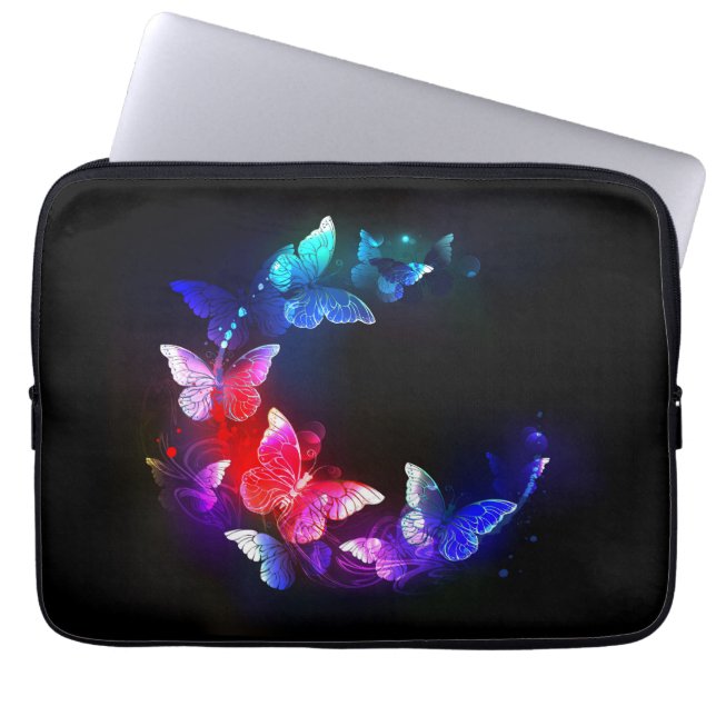 Glowing Neon Night Butterflies on Black background Laptop Sleeve (Front)
