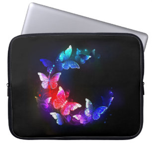 Glowing Neon Night Butterflies on Black background Laptop Sleeve