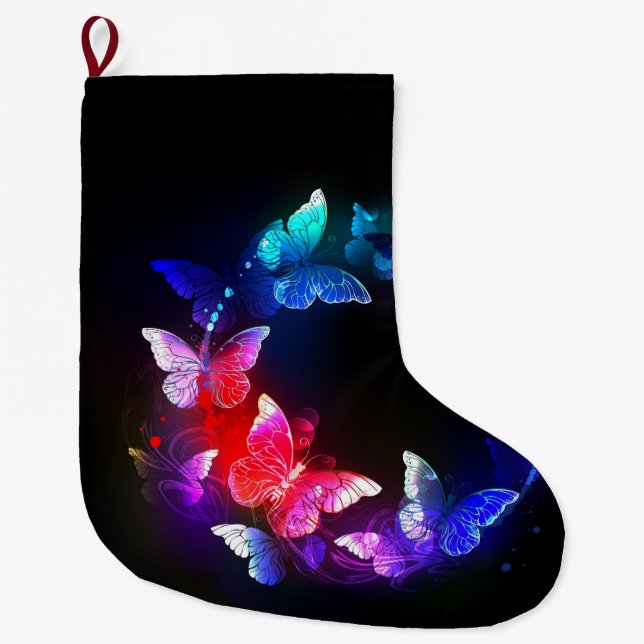 Glowing Neon Night Butterflies on Black background Large Christmas Stocking (Front)