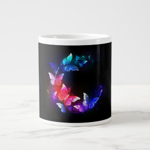 Glowing Neon Night Butterflies on Black background Large Coffee Mug