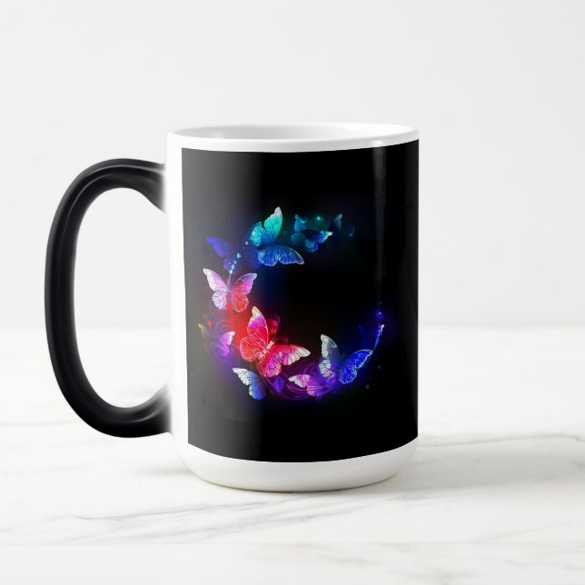 Glowing Neon Night Butterflies on Black background Magic Mug (Left)