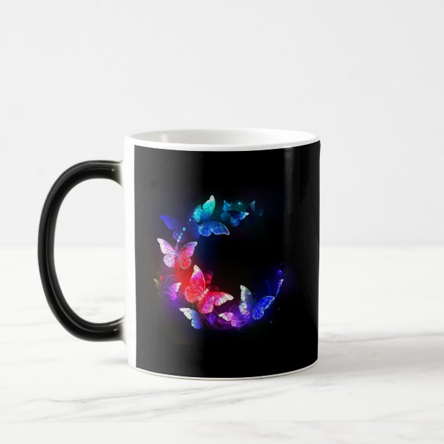 Glowing Neon Night Butterflies on Black background Magic Mug (Left)