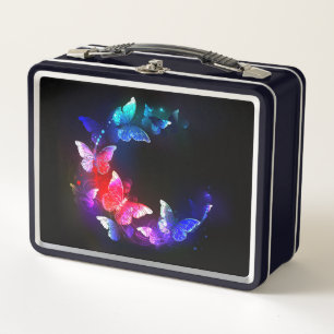 Glowing Neon Night Butterflies on Black background Metal Lunch Box