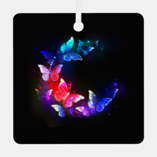 Glowing Neon Night Butterflies on Black background Metal Tree Decoration