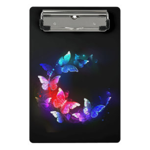 Glowing Neon Night Butterflies on Black background Mini Clipboard
