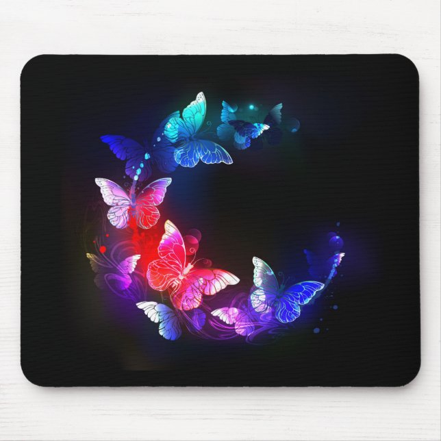 Glowing Neon Night Butterflies on Black background Mouse Mat (Front)