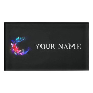 Glowing Neon Night Butterflies on Black background Name Tag