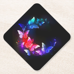 Glowing Neon Night Butterflies on Black background Paper Coaster