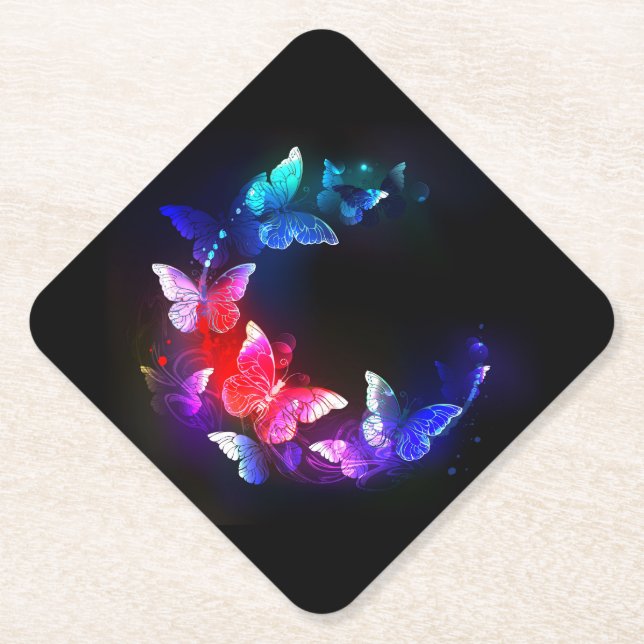 Glowing Neon Night Butterflies on Black background Paper Coaster (Front)