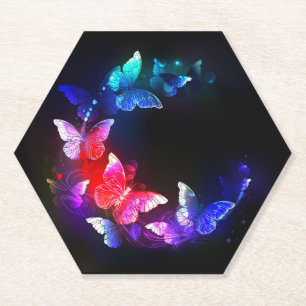 Glowing Neon Night Butterflies on Black background Paper Coaster