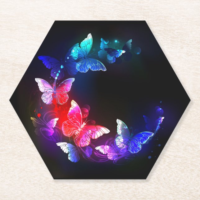 Glowing Neon Night Butterflies on Black background Paper Coaster (Front)