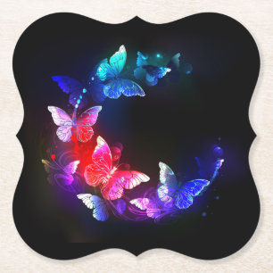 Glowing Neon Night Butterflies on Black background Paper Coaster