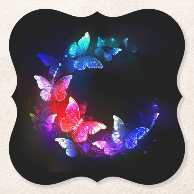 Glowing Neon Night Butterflies on Black background Paper Coaster (Front)