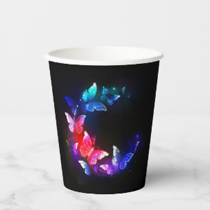 Glowing Neon Night Butterflies on Black background Paper Cups