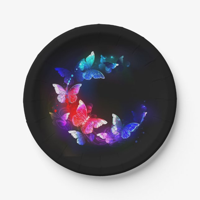 Glowing Neon Night Butterflies on Black background Paper Plate (Front)