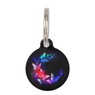 Glowing Neon Night Butterflies on Black background Pet Tag