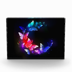 Glowing Neon Night Butterflies on Black background Photo Block
