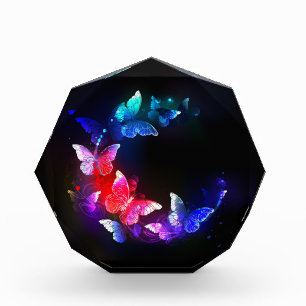 Glowing Neon Night Butterflies on Black background Photo Block