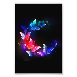 Glowing Neon Night Butterflies on Black background Photo Print