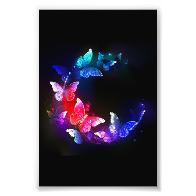 Glowing Neon Night Butterflies on Black background Photo Print (Front)