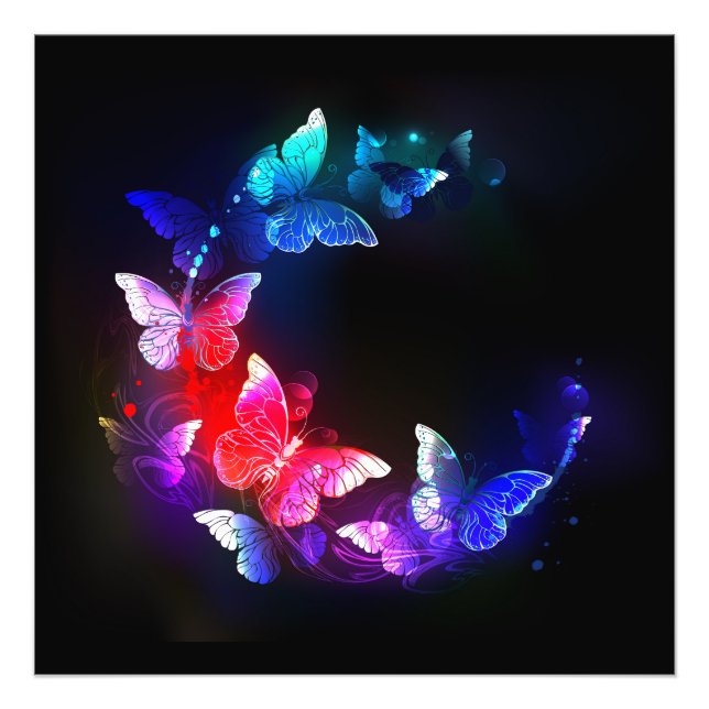 Glowing Neon Night Butterflies on Black background Photo Print (Front)