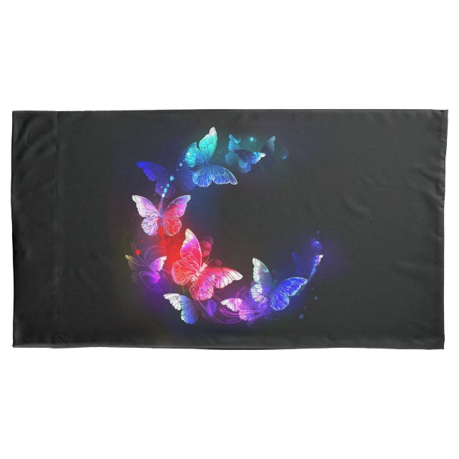 Glowing Neon Night Butterflies on Black background Pillowcase (Front-Left)