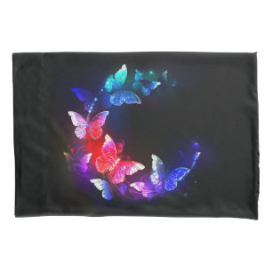 Glowing Neon Night Butterflies on Black background Pillowcase