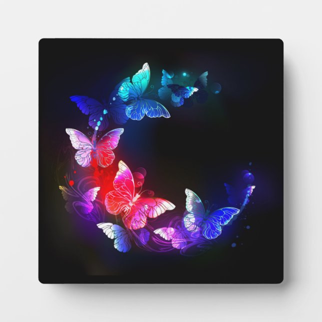 Glowing Neon Night Butterflies on Black background Plaque (Front)