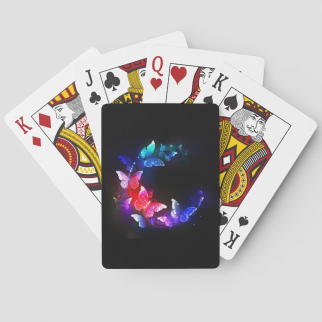 Glowing Neon Night Butterflies on Black background Playing Cards (Back)