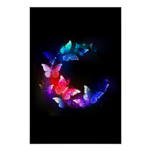Glowing Neon Night Butterflies on Black background Poster