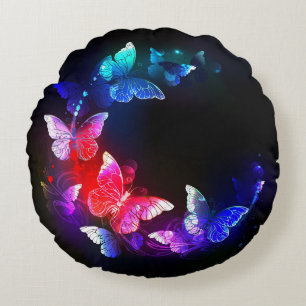 Glowing Neon Night Butterflies on Black background Round Cushion