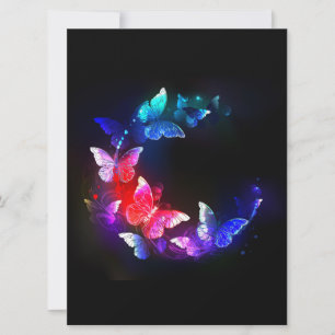 Glowing Neon Night Butterflies on Black background Save The Date