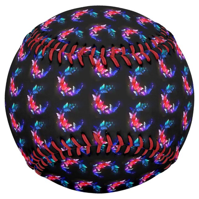 Glowing Neon Night Butterflies on Black background Softball (Front)