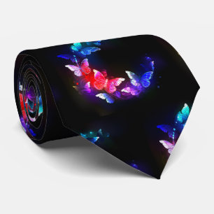 Glowing Neon Night Butterflies on Black background Tie