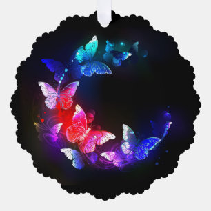 Glowing Neon Night Butterflies on Black background Tree Decoration Card