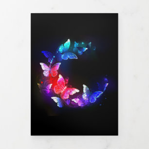 Glowing Neon Night Butterflies on Black background Tri-Fold Announcement