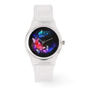 Glowing Neon Night Butterflies on Black background Watch