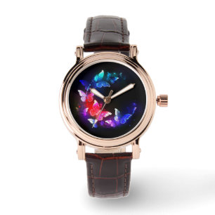 Glowing Neon Night Butterflies on Black background Watch