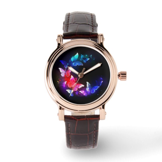 Glowing Neon Night Butterflies on Black background Watch (Front)