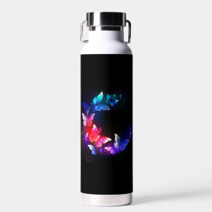Glowing Neon Night Butterflies on Black background Water Bottle