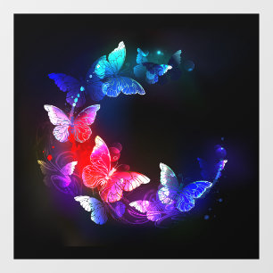 Glowing Neon Night Butterflies on Black background Window Cling