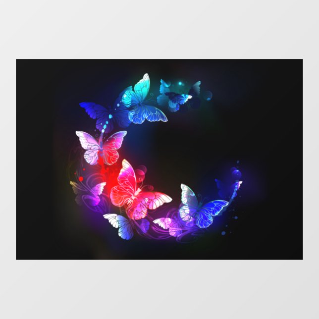 Glowing Neon Night Butterflies on Black background Window Cling (Sheet)