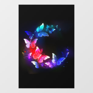 Glowing Neon Night Butterflies on Black background Window Cling