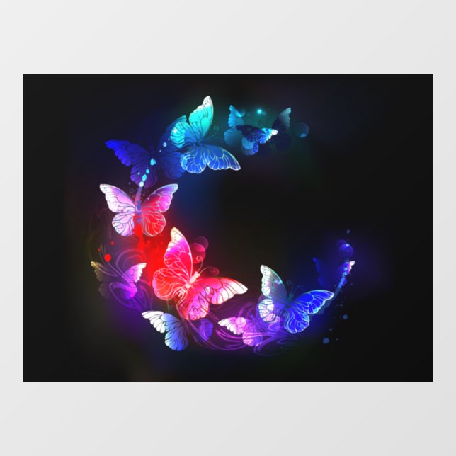 Glowing Neon Night Butterflies on Black background Window Cling (Sheet)