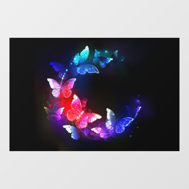 Glowing Neon Night Butterflies on Black background Window Cling (Sheet)