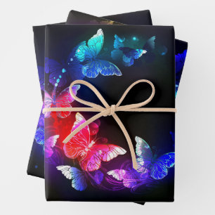 Glowing Neon Night Butterflies on Black background Wrapping Paper Sheet
