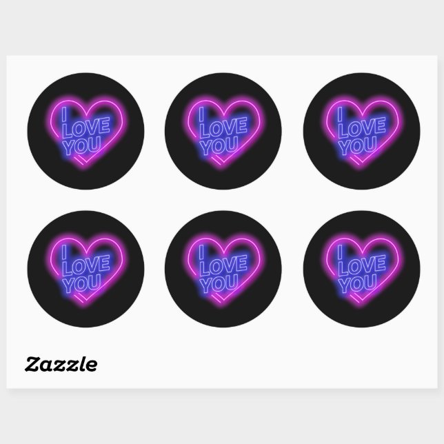 Glowing Neon Pink Blue Valentines Heart Classic Round Sticker (Sheet)