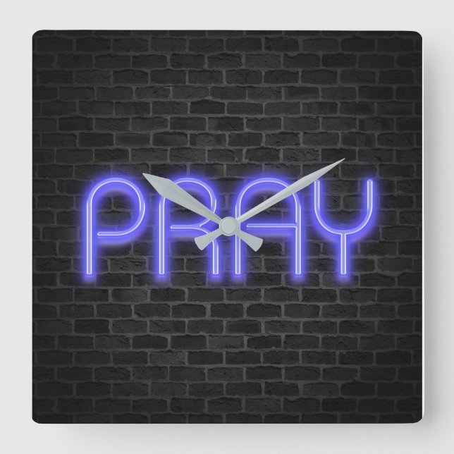glowing neon PRAY sign on brick Square Wall Clock (Front)